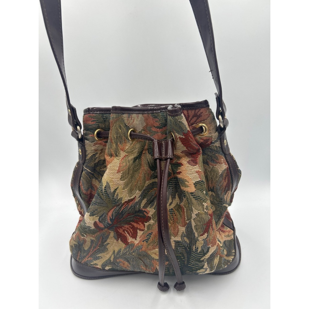 Relic Vintage Tapestry Leaf Bucket Bag Brown Faux Leather Trim Drawstring Boho